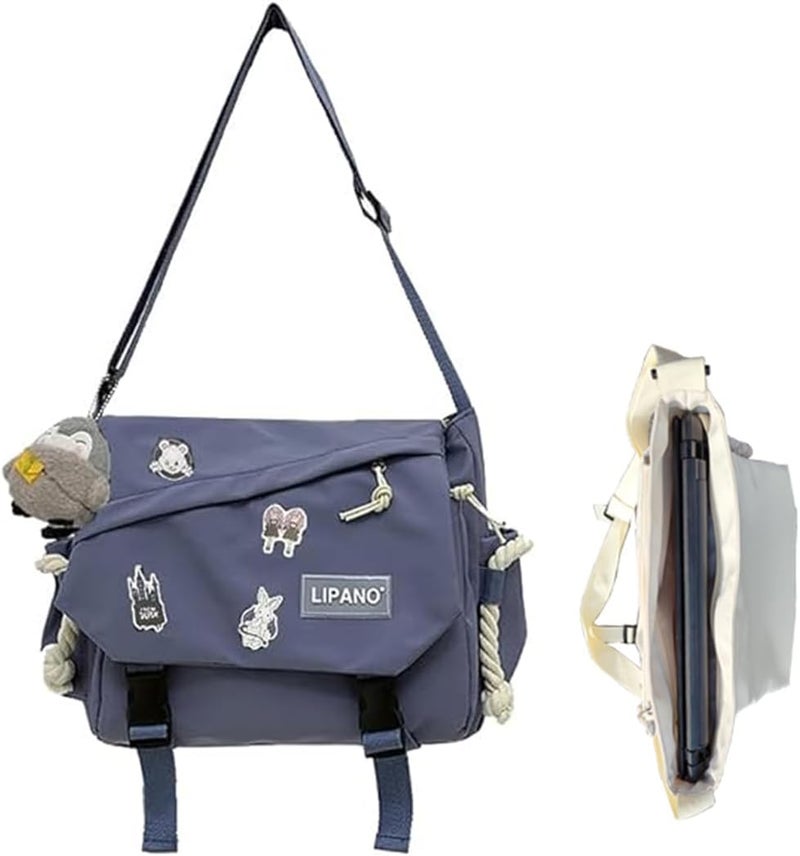 INSHERE Aesthetic Crossbody Bag with Cute Pins and Ornament, Nylon Shoulder Messenger Bag Japanese Kawaii Bag for Women Men - Image 1